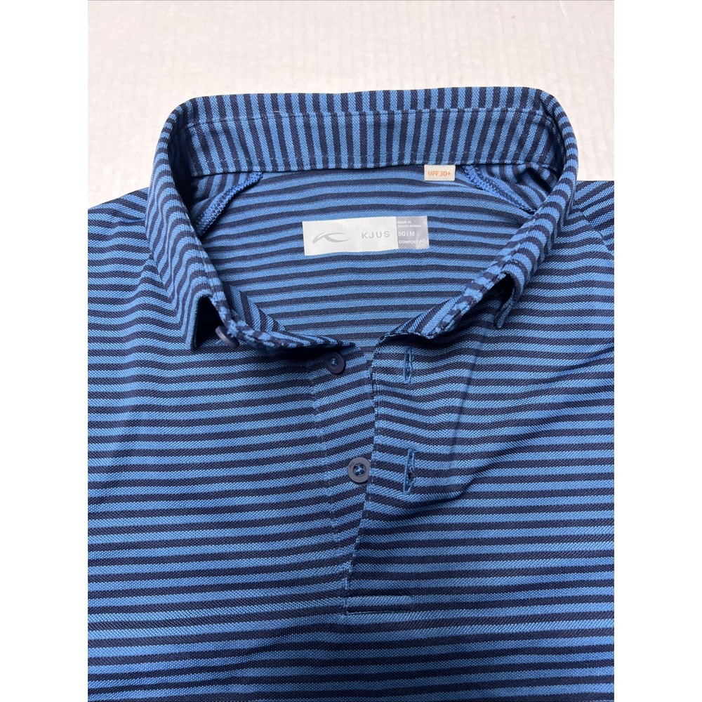 KJUS Shirt Mens 50 Medium Blue Black Striped Short Sleeve Golf Polo‎ UPF 30+